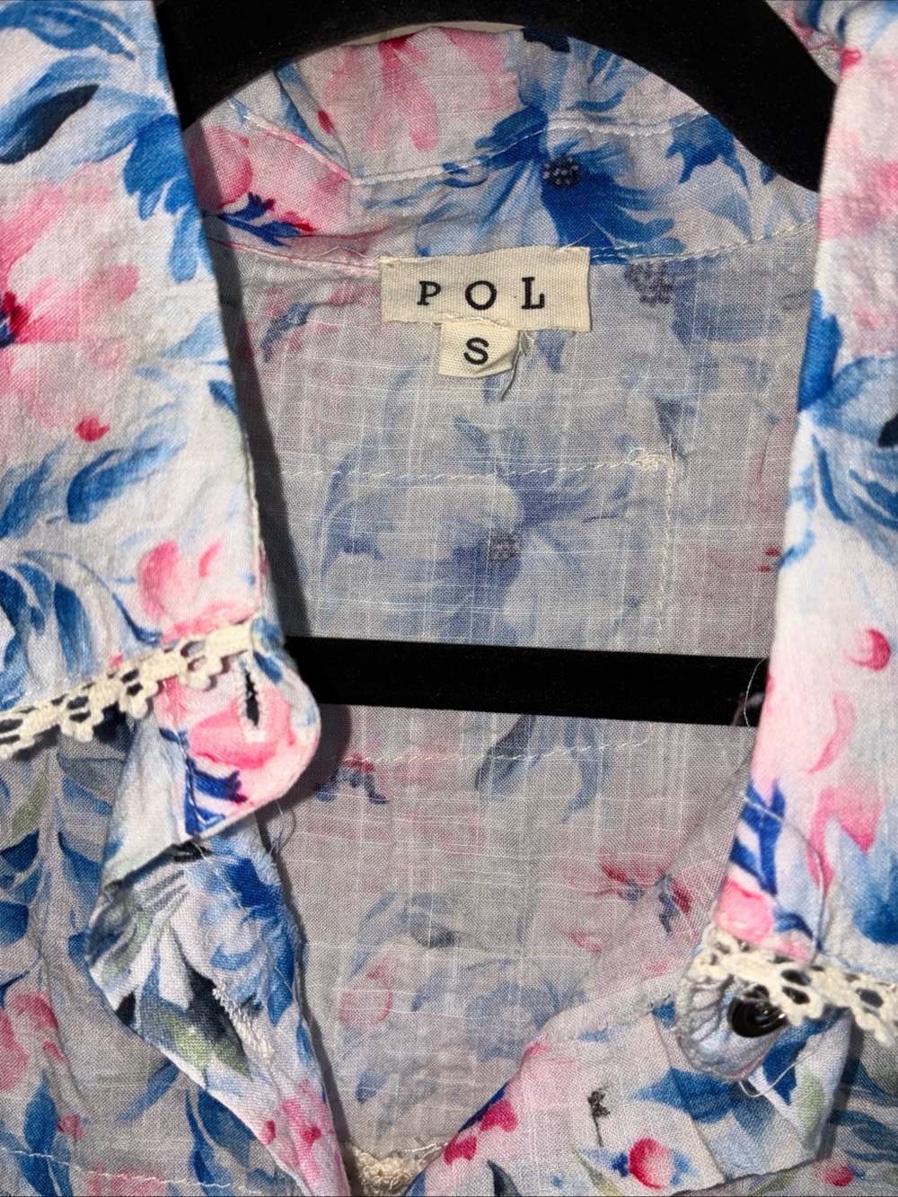 POL Floral Button-Up Shirt in Blue Pink Cream - Picture 2 of 11
